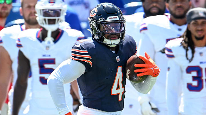 Bears running back D'Andre Swift turns it upfield against the Bills on a short pass that he broke for42 yards. Bears running back D'Andre Swift turns it upfield against the Bills on a short pass that he broke for42 yards.