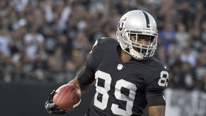 September 10, 2018; Oakland, CA, USA; Oakland Raiders wide receiver Amari Cooper (89) runs the football against the Los Angeles Rams during the first quarter at Oakland Coliseum. Mandatory Credit: Kyle Terada-Imagn Images