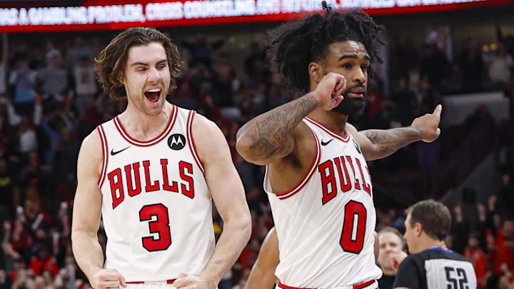 Nov 22, 2025; Chicago, Illinois, USA; Chicago Bulls guard Josh Giddey (3) and guard Coby White (0) celebrate a defensive stop against the Washington Wizards during the second half at United Center. Mandatory Credit: Kamil Krzaczynski-Imagn Images Nov 22, 2025; Chicago, Illinois, USA; Chicago Bulls guard Josh Giddey (3) and guard Coby White (0) celebrate a defensive stop against the Washington Wizards during the second half at United Center. Mandatory Credit: Kamil Krzaczynski-Imagn Images