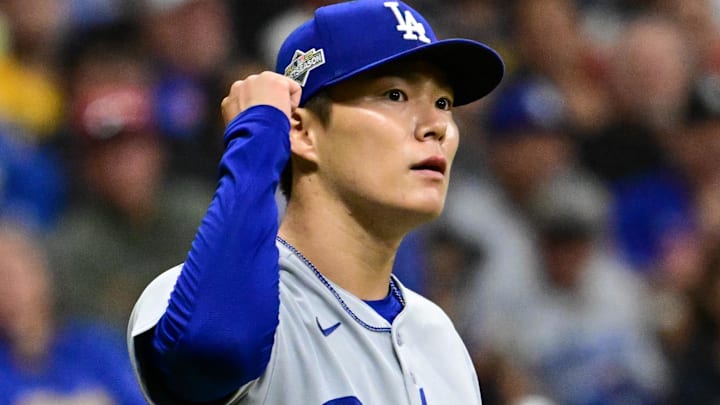 Los Angeles Dodgers pitcher Yoshinobu Yamamoto (18) reacts after throwing against the Milwaukee Brewers in the eighth inning during game two of the NLCS round for the 2025 MLB playoffs at American Family Field.