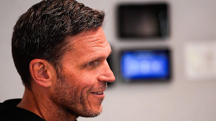 Jacksonville Jaguars Executive Vice President of Football Operations Tony Boselli laughs after head coach Liam Coen jokingly said that Boselli wants to drafter like 11 offensive lineman in the upcoming NFL Draft during Jaguars’ annual pre-draft luncheon press conference in the media room at the Miller Electric Center Thursday April 9, 2026. [Doug Engle/Florida Times-Union]