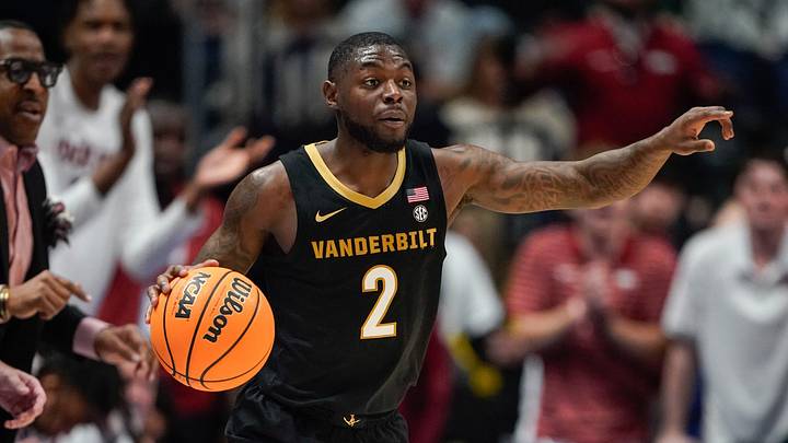 Vanderbilt guard Duke Miles (2) looks for and outlet during the first half of the SEC tournament championship game against Arkansas at Bridgestone Arena in Nashville, Tenn., Sunday, March 15, 2026.