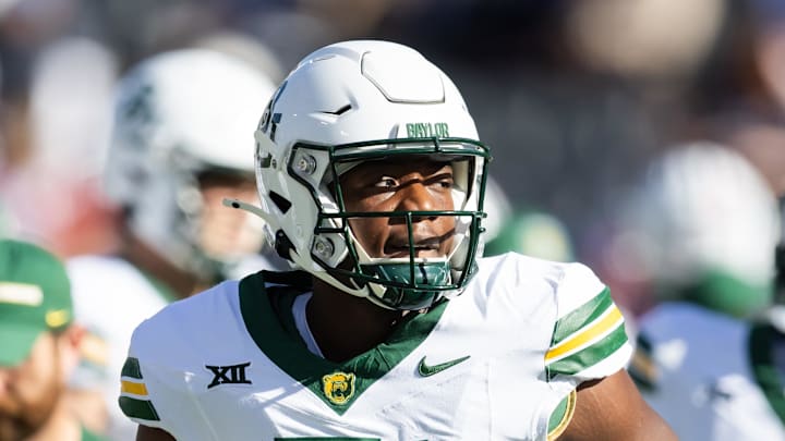 Nov 22, 2025; Tucson, Arizona, USA; Baylor Bears linebacker Kamauryn Morgan (51) against the Arizona Wildcats at Casino Del Sol Stadium. Mandatory Credit: Mark J. Rebilas-Imagn Images