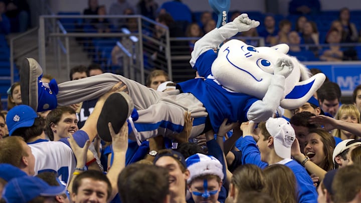 The Saint Louis Billikens mascot gets a ride from the students before the game against the Dayton Flyers at the Chaifetz Arena.