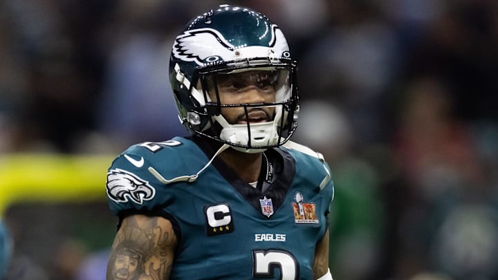 Feb 9, 2025; New Orleans, LA, USA; Philadelphia Eagles cornerback Darius Slay Jr. (2) against the Kansas City Chiefs during Super Bowl LIX at Ceasars Superdome. Mandatory Credit: Mark J. Rebilas-Imagn Images