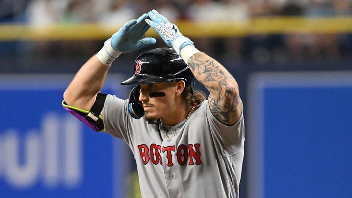 Jun 9, 2026; St. Petersburg, Florida, USA; Boston Red Sox left fielder Jarren Duran (16) celebrates after hitting a RBI single  in the third inning against the Tampa Bay Rays  at Tropicana Field. Mandatory Credit: Jonathan Dyer-Imagn Images