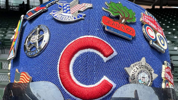 Jun 22, 2024; Chicago, Illinois, USA; Mario Mariano’s hat before the game between the Chicago Cubs and the New York Mets at Wrigley Field. Mandatory Credit: David Banks-Imagn Images