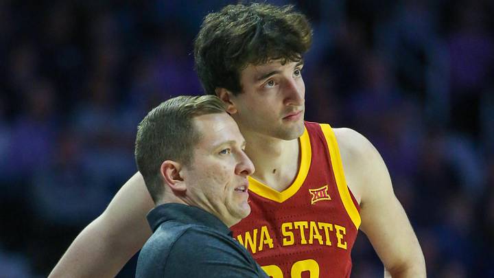 Mar 9, 2024; Manhattan, Kansas, USA; Iowa State Cyclones head coach T.J. Otzelberger talks to forward Milan Momcilovic (22) during a timeout in the first half against the Kansas State Wildcats at Bramlage Coliseum. Mar 9, 2024; Manhattan, Kansas, USA; Iowa State Cyclones head coach T.J. Otzelberger talks to forward Milan Momcilovic (22) during a timeout in the first half against the Kansas State Wildcats at Bramlage Coliseum.