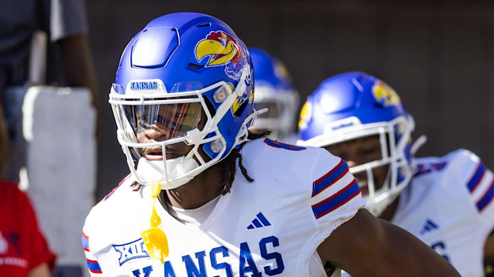 Nov 8, 2025; Tucson, Arizona, USA; Kansas Jayhawks linebacker Jon Jon Kamara (8) against the Arizona Wildcats at Arizona Stadium. Mandatory Credit: Mark J. Rebilas-Imagn Images