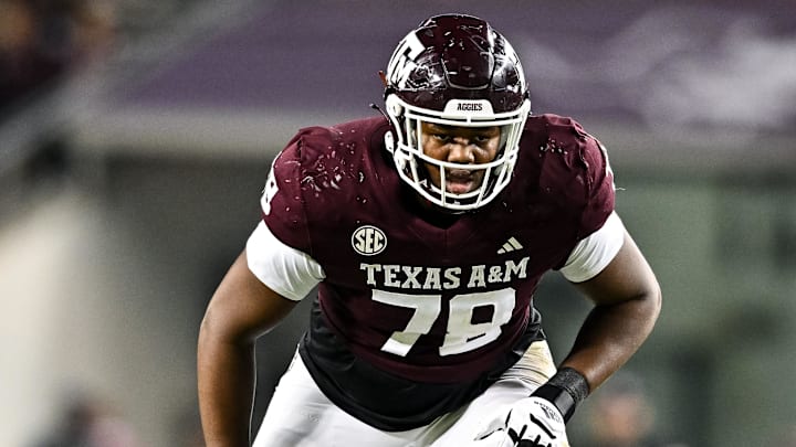 Nov 11, 2023; College Station, Texas, USA; Texas A&M Aggies offensive lineman Dametrious Crownover (78) in action during the second half against the Mississippi State Bulldogs at Kyle Field. Mandatory Credit: Maria Lysaker-Imagn Images