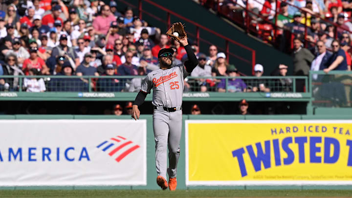 Apr 9, 2024; Boston, Massachusetts, USA; Baltimore Orioles right fielder Anthony Santander (25) makes a catch for an out against the Boston Red Sox during the fifth inning at Fenway Park. Apr 9, 2024; Boston, Massachusetts, USA; Baltimore Orioles right fielder Anthony Santander (25) makes a catch for an out against the Boston Red Sox during the fifth inning at Fenway Park.