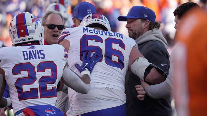Buffalo Bills center Connor McGovern injured on a play wobbles as he stands and is helped off the field during first half action at Empower FIeld at Mile High in Denver, Colorado on Jan. 17, 2026. Buffalo Bills center Connor McGovern injured on a play wobbles as he stands and is helped off the field during first half action at Empower FIeld at Mile High in Denver, Colorado on Jan. 17, 2026.