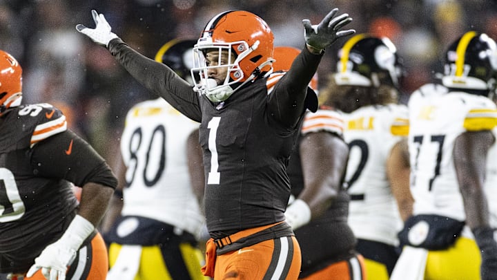 Nov 21, 2024; Cleveland, Ohio, USA; Cleveland Browns safety Juan Thornhill (1) celebrates a missed field goal by the Pittsburgh Steelers during the first quarter at Huntington Bank Field Stadium. Mandatory Credit: Scott Galvin-Imagn Images