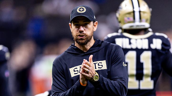 Sep 8, 2024; New Orleans, Louisiana, USA;  New Orleans Saints offensive coordinator Klint Kubiak reacts against the Carolina Panthers during the pregame at Caesars Superdome. Mandatory Credit: Stephen Lew-Imagn Images