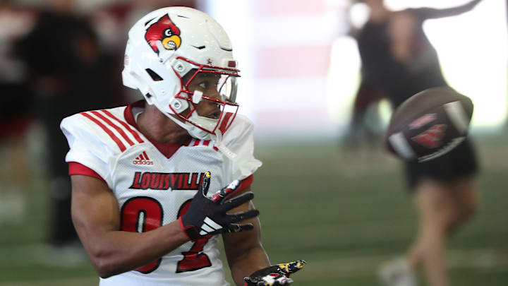 Louisville football WR Jahlil McClain (82) caught a pass during spring practice at the Trager practice facility in Louisville, Ky. on Mar. 19, 2024