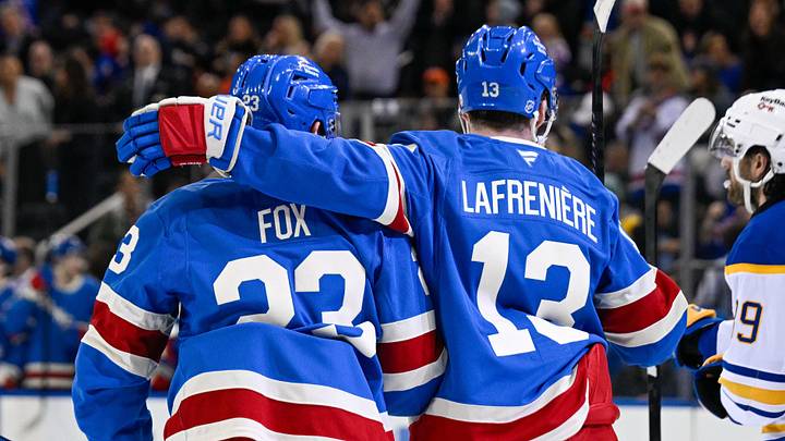 Apr 8, 2026; New York, New York, USA; New York Rangers defenseman Adam Fox (23) celebrates his goal with New York Rangers left wing Alexis Lafrenière (13) against the Buffalo Sabres during the second period at Madison Square Garden. Apr 8, 2026; New York, New York, USA; New York Rangers defenseman Adam Fox (23) celebrates his goal with New York Rangers left wing Alexis Lafrenière (13) against the Buffalo Sabres during the second period at Madison Square Garden.
