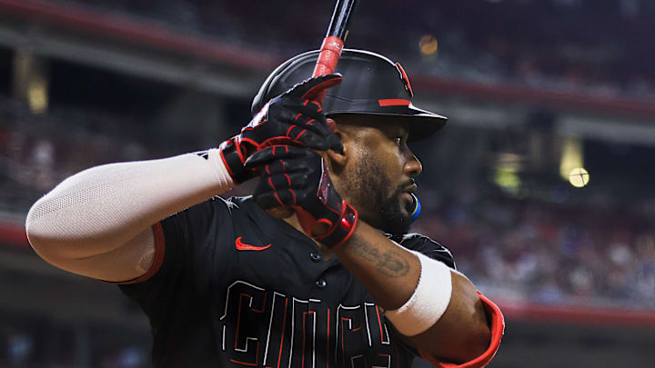 Sep 19, 2025; Cincinnati, Ohio, USA; Cincinnati Reds designated hitter Miguel Andujar (38) prepares on deck in the sixth inning against the Chicago Cubs at Great American Ball Park. Mandatory Credit: Katie Stratman-Imagn Images