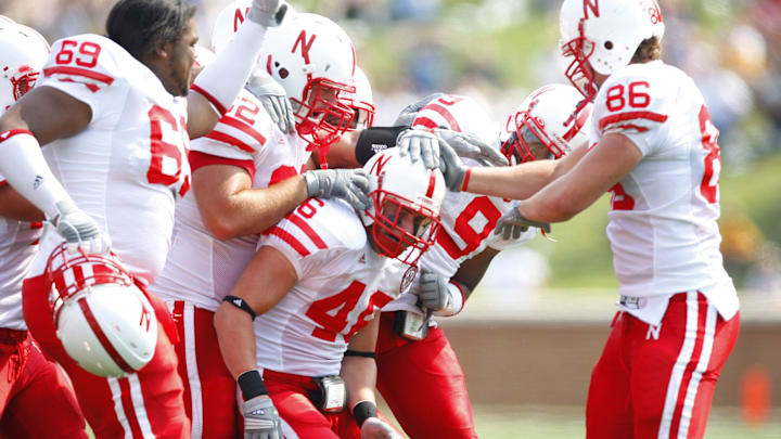 Nebraska Cornhuskers safety (46) Ben Eisenhart celebrates with teammates