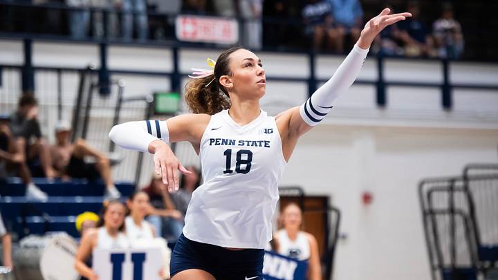 Penn State's Kennedy Martin (18) serves during a Big Ten volleyball match against UCLA on Sunday, Sept. 28, 2025, in State College. Penn State's Kennedy Martin (18) serves during a Big Ten volleyball match against UCLA on Sunday, Sept. 28, 2025, in State College.