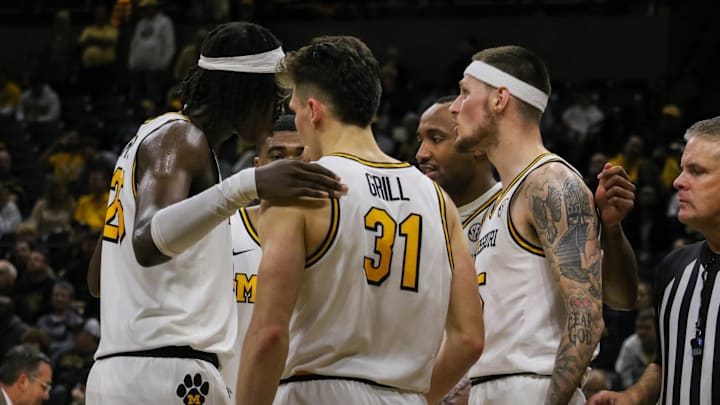 Nov. 11, 2024; Columbia, Missouri, USA; Missouri Tigers guard Caleb Grill (31) huddles with the rest of the team during a game against Eastern Washington at Mizzou Arena. Nov. 11, 2024; Columbia, Missouri, USA; Missouri Tigers guard Caleb Grill (31) huddles with the rest of the team during a game against Eastern Washington at Mizzou Arena.