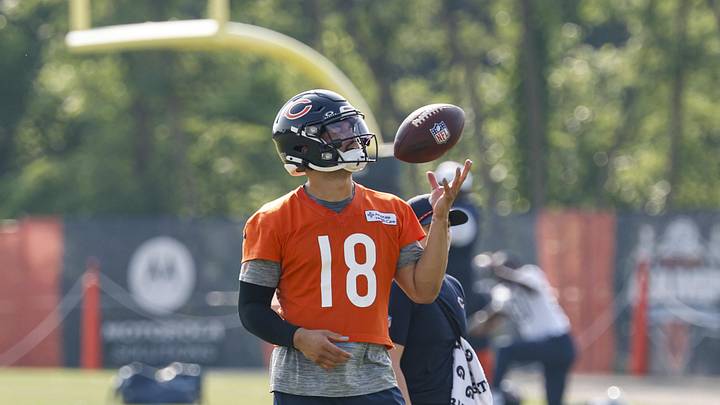 Caleb Williams gets set to warm up at training camp at Halas Hall in 2025. Caleb Williams gets set to warm up at training camp at Halas Hall in 2025.