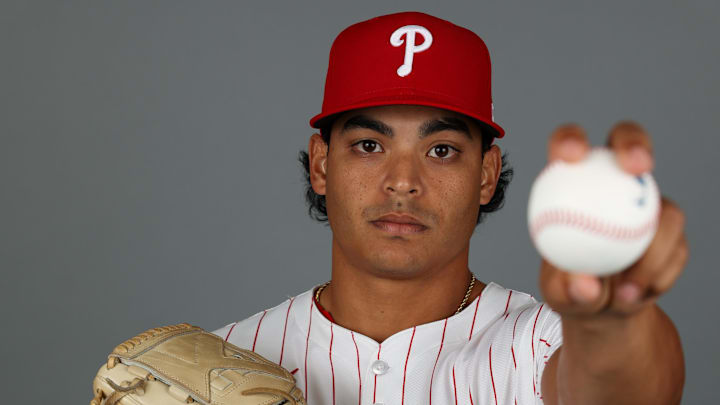 Feb 20, 2025; Clearwater, FL, USA; Philadelphia Phillies pitcher Jesus Luzardo (44) participates in media day at BayCare Ballpark. Feb 20, 2025; Clearwater, FL, USA; Philadelphia Phillies pitcher Jesus Luzardo (44) participates in media day at BayCare Ballpark.