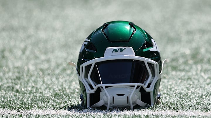Sep 14, 2025; East Rutherford, New Jersey, USA; A New York Jets helmet sits on the field before the game against the Buffalo Bills at MetLife Stadium. Mandatory Credit: Vincent Carchietta-Imagn Images