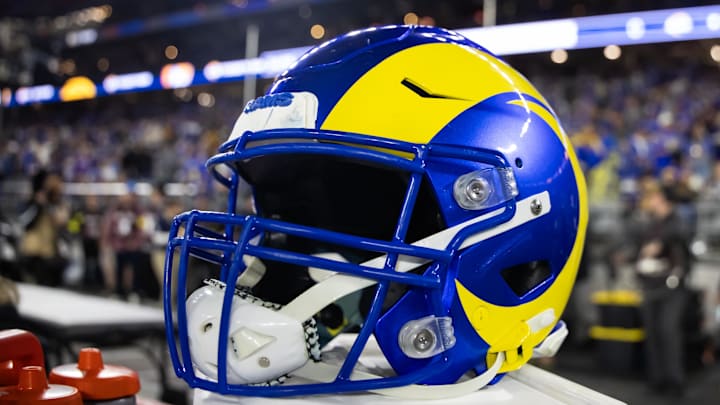 Jan 13, 2025; Glendale, AZ, USA; Detailed view of a Los Angeles Rams helmet during an NFC wild card game at State Farm Stadium. Mandatory Credit: Mark J. Rebilas-Imagn Images Jan 13, 2025; Glendale, AZ, USA; Detailed view of a Los Angeles Rams helmet during an NFC wild card game at State Farm Stadium. Mandatory Credit: Mark J. Rebilas-Imagn Images