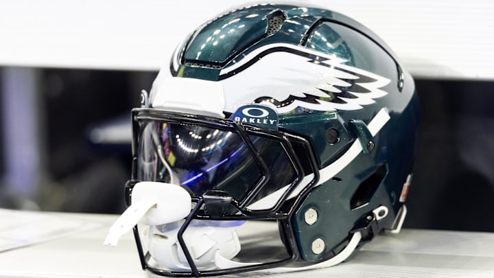 Feb 9, 2025; New Orleans, LA, USA; Detailed view of a Philadelphia Eagles helmet during Super Bowl LIX at Ceasars Superdome. Mandatory Credit: Mark J. Rebilas-Imagn Images