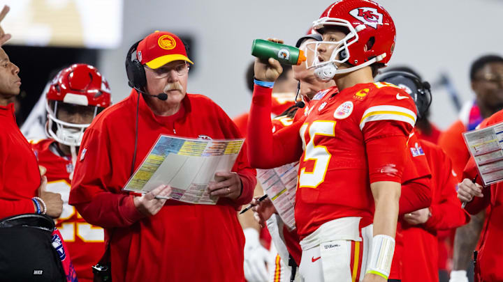 Feb 11, 2024; Paradise, Nevada, USA; Kansas City Chiefs head coach Andy Reid with quarterback Patrick Mahomes (15) against the San Francisco 49ers during Super Bowl LVIII at Allegiant Stadium. Mandatory Credit: Mark J. Rebilas-USA TODAY Sports Feb 11, 2024; Paradise, Nevada, USA; Kansas City Chiefs head coach Andy Reid with quarterback Patrick Mahomes (15) against the San Francisco 49ers during Super Bowl LVIII at Allegiant Stadium. Mandatory Credit: Mark J. Rebilas-USA TODAY Sports