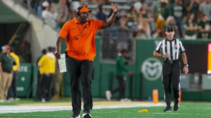 Oct 3, 2026; Fort Collins, Colorado, USA;  Oregon State Beavers head coach JaMarcus Shephard reacts on the sidelines in the second half against the Colorado State Rams at Sonny Lubick Field at Canvas Stadium.  Mandatory Credit: Andrew Rydland-Imagn Images