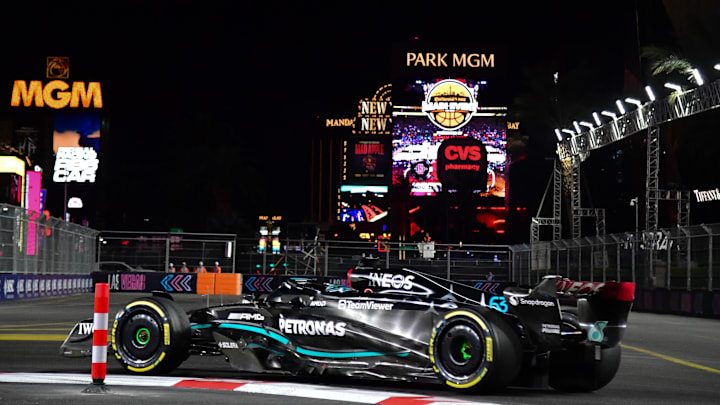 Nov 18, 2023; Las Vegas, Nevada, USA; Mercedes AMG Petronas driver George Russell of Great Britain (63) during the Las Vegas Grand Prix at Las Vegas Strip Circuit. Mandatory Credit: Gary A. Vasquez-Imagn Images Nov 18, 2023; Las Vegas, Nevada, USA; Mercedes AMG Petronas driver George Russell of Great Britain (63) during the Las Vegas Grand Prix at Las Vegas Strip Circuit. Mandatory Credit: Gary A. Vasquez-Imagn Images