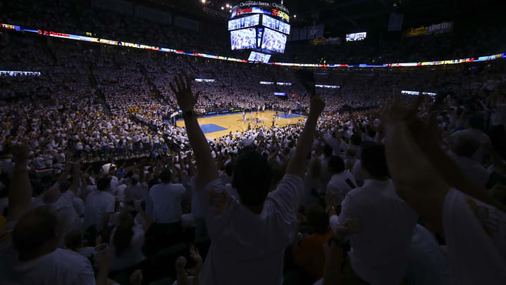 May 24, 2016; Oklahoma City, OK, USA; Oklahoma City Thunder fan cheers against the Golden State May 24, 2016; Oklahoma City, OK, USA; Oklahoma City Thunder fan cheers against the Golden State