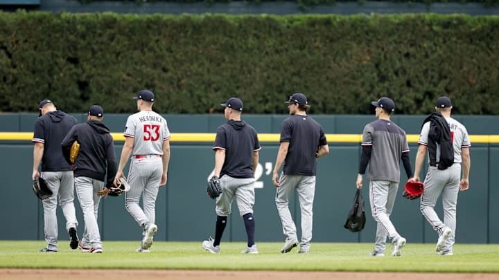 Jun 25, 2023; Detroit, Michigan, USA; Minnesota Twins relief pitcher Brent Headrick (53) walks out to the bullpen with the rest of the pitchers and staff during the first inning against the Detroit Tigers at Comerica Park.