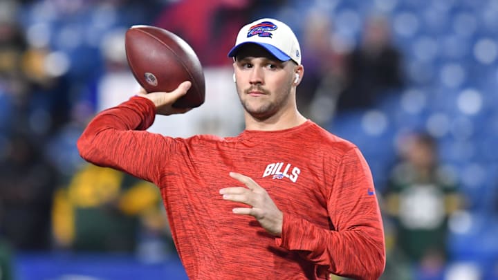Oct 30, 2022; Orchard Park, New York, USA; Buffalo Bills quarterback Josh Allen warms up before a game against the Green Bay Packers at Highmark Stadium.