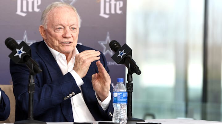 Dallas Cowboys owner Jerry Jones speaks to the media