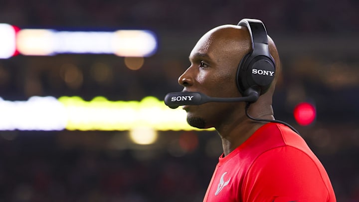 Dec 21, 2025; Houston, Texas, USA; Houston Texans head coach Demeco Ryans stands on the sidelines during the fourth quarter against the Las Vegas Raiders at NRG Stadium. Mandatory Credit: Thomas Shea-Imagn Images