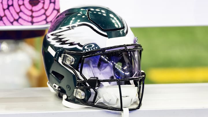 Feb 9, 2025; New Orleans, LA, USA; Detailed view of a Philadelphia Eagles helmet during Super Bowl LIX at Ceasars Superdome. Mandatory Credit: Mark J. Rebilas-Imagn Images