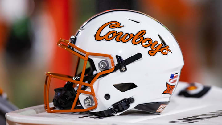 Sep 9, 2023; Tempe, Arizona, USA; Detailed view of an Oklahoma State Cowboys helmet at Mountain America Stadium. Mandatory Credit: Mark J. Rebilas-Imagn Images