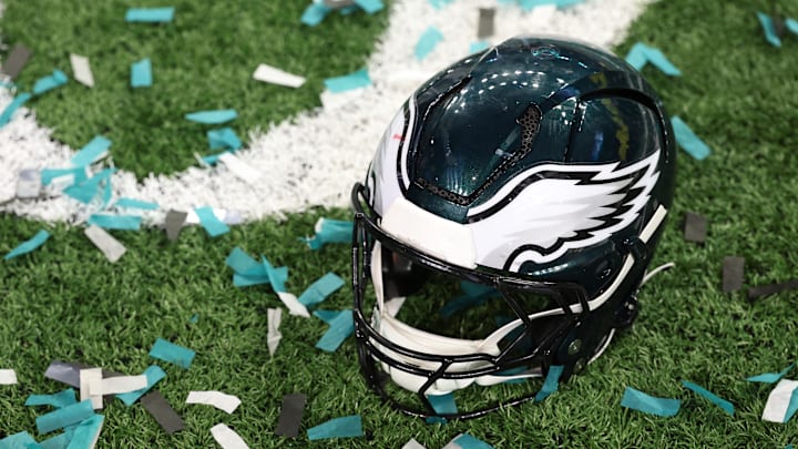 Feb 9, 2025; New Orleans, LA, USA; A Philadelphia Eagles player's helmet rests on the field after Super Bowl LIX against the Kansas City Chiefs at Caesars Superdome. Mandatory Credit: Geoff Burke-Imagn Images Feb 9, 2025; New Orleans, LA, USA; A Philadelphia Eagles player's helmet rests on the field after Super Bowl LIX against the Kansas City Chiefs at Caesars Superdome. Mandatory Credit: Geoff Burke-Imagn Images