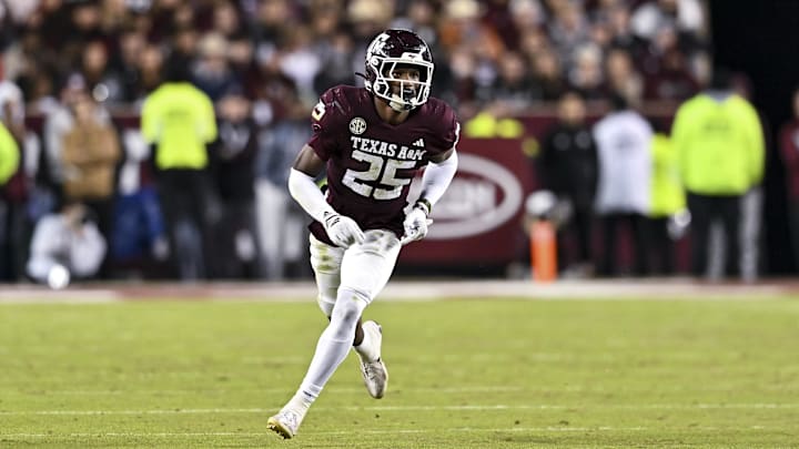 Nov 30, 2024; College Station, Texas, USA; Texas A&M Aggies defensive back Dalton Brooks (25) runs a route during the second half against the Texas Longhorns. The Longhorns defeated the Aggies 17-7 at Kyle Field. Mandatory Credit: Maria Lysaker-Imagn Images Nov 30, 2024; College Station, Texas, USA; Texas A&M Aggies defensive back Dalton Brooks (25) runs a route during the second half against the Texas Longhorns. The Longhorns defeated the Aggies 17-7 at Kyle Field. Mandatory Credit: Maria Lysaker-Imagn Images