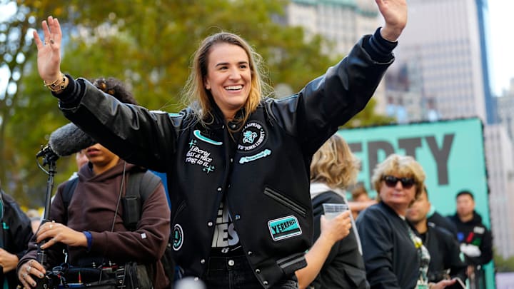 Sabrina Ionescu, of the New York Liberty acknowledges the fans, Thursday, October 24, 2024, in Manhattan.