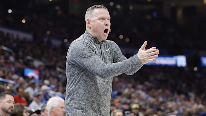 Mar 10, 2025; Oklahoma City, Oklahoma, USA; Denver Nuggets head coach Michael Malone gestures to his team during a play against the Oklahoma City Thunder during the second quarter at Paycom Center. Mandatory Credit: Alonzo Adams-Imagn Images