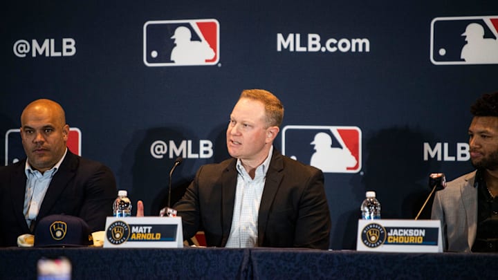 Senior Vice President and General Manager Matt Arnold talks about Jackson Chourio a press conference at the 2023 Baseball Winter Meetings at the Gaylord Opryland Resort & Convention Center in Nashville, Tenn., Monday, Dec. 4, 2023.