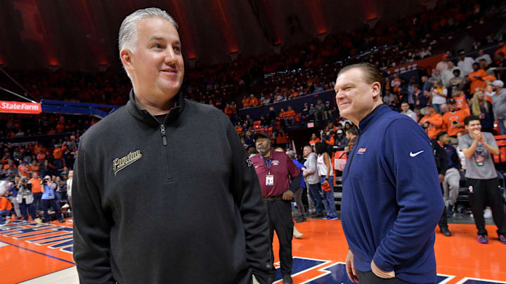 Mar 5, 2024; Champaign, Illinois, USA; Purdue Boilermakers head coach Matt Painter and Illinois Fighting Illini head coach Brad Underwood chat before the start of the game at State Farm Center. Mandatory Credit: Ron Johnson-Imagn Images