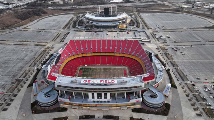 Feb 14, 2024; Kansas City, MO, USA; A general overall aerial view of Arrowhead Stadium (foreground). Feb 14, 2024; Kansas City, MO, USA; A general overall aerial view of Arrowhead Stadium (foreground).