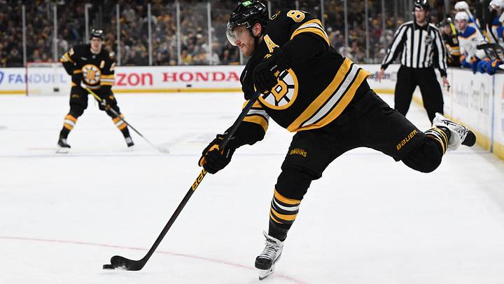 Apr 23, 2026; Boston, Massachusetts, USA; Boston Bruins right wing David Pastrnak (88) takes a shot against the Buffalo Sabres during the third period of game three of the first round of the 2026 Stanley Cup Playoffs at the TD Garden. Mandatory Credit: Brian Fluharty-Imagn Images