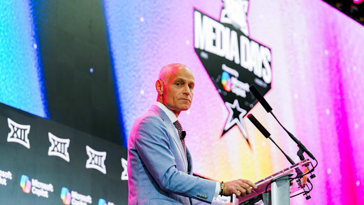 Jul 8, 2025; Frisco, TX, USA; Big 12 Commissioner Brett Yormark addresses the media during the 2025 Big 12 Football Media Days at The Star. Mandatory Credit: Raymond Carlin III-Imagn Images Jul 8, 2025; Frisco, TX, USA; Big 12 Commissioner Brett Yormark addresses the media during the 2025 Big 12 Football Media Days at The Star. Mandatory Credit: Raymond Carlin III-Imagn Images