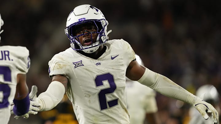 Sep 26, 2025; Tempe, Arizona, USA; TCU Horned Frogs safety Jamel Johnson (2) high-fives cornerback Vernon Glover (26) after a pass breakup in the second half at Mountain America Stadium, Home of the ASU Sun Devils. Mandatory Credit: Jacob Reiner-Imagn Images Sep 26, 2025; Tempe, Arizona, USA; TCU Horned Frogs safety Jamel Johnson (2) high-fives cornerback Vernon Glover (26) after a pass breakup in the second half at Mountain America Stadium, Home of the ASU Sun Devils. Mandatory Credit: Jacob Reiner-Imagn Images