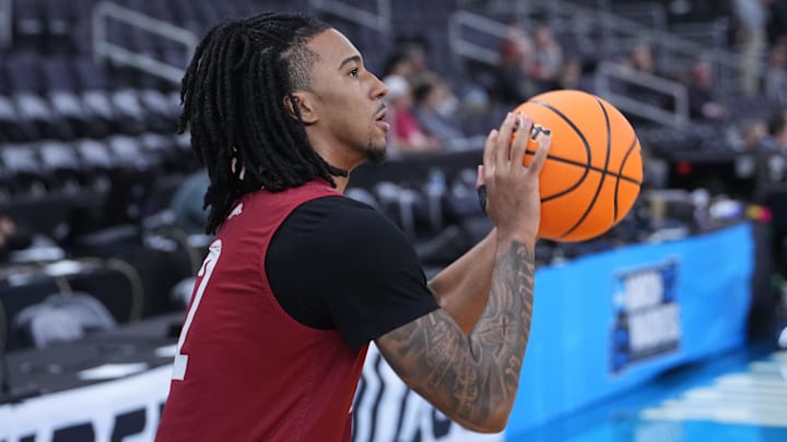 Arkansas Razorbacks guard Boogie Fland (2) shoots the ball during the First Round Practice Session at Amica Mutual Pavilion. 